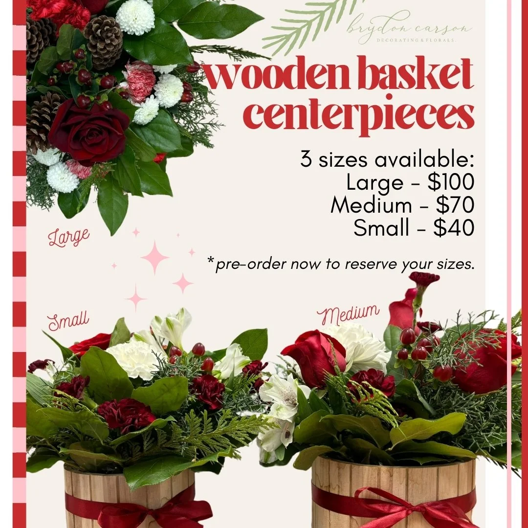 🎄December means hosting Christmas or travelling to all your loved ones! Fresh floral centerpieces can make a great host gift, and a big impact on any dining table.
Pre-order our wooden basket centerpieces in the sizes you need or contact us with you