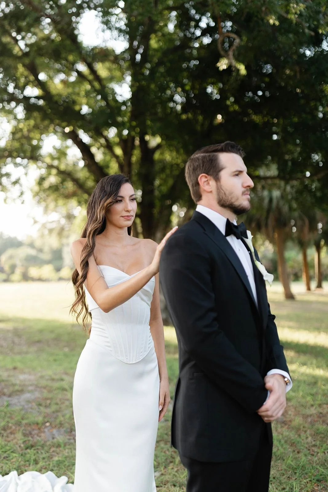 Bride and groom first look at Garden Wedding Venue