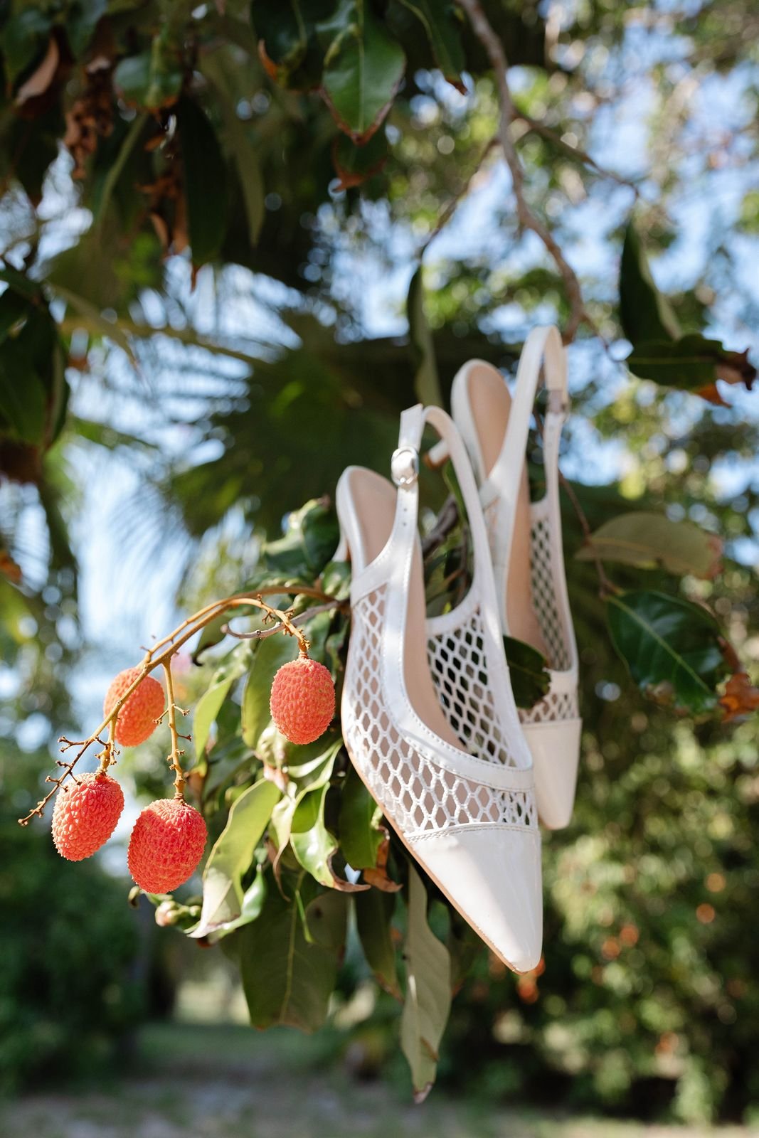 Bride shoes hanging in a garden wedding venue