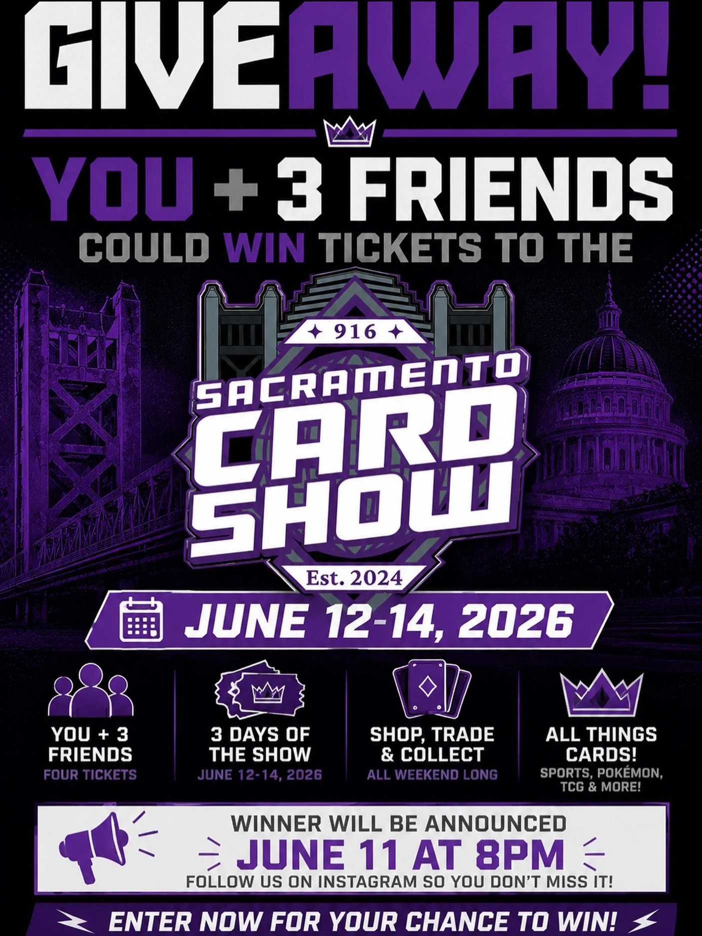 CONGRATULATIONS TO @saiyantrainerz 🎉🎉🎉

🎉 🚨 GIVEAWAY ALERT 🚨 🎉
Want to experience the Sacramento Card Show with your crew? We&rsquo;re giving away 4 tickets &mdash; that&rsquo;s YOU + 3 friends for all 3 days of the show!

🏆 One lucky winner 