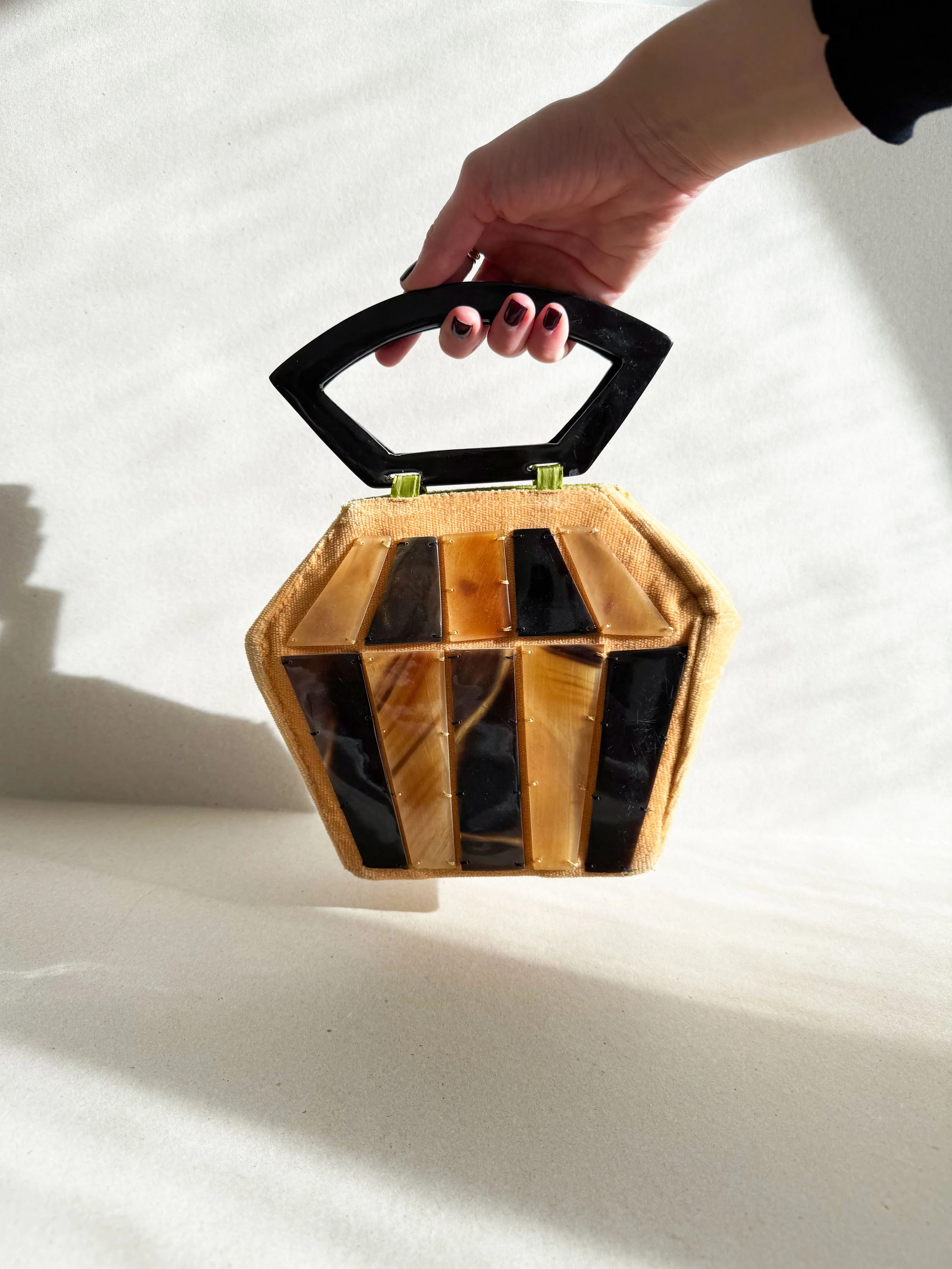 Vintage Malcor Geometric Horn-Panel Handbag with Sculptural Lucite Handle