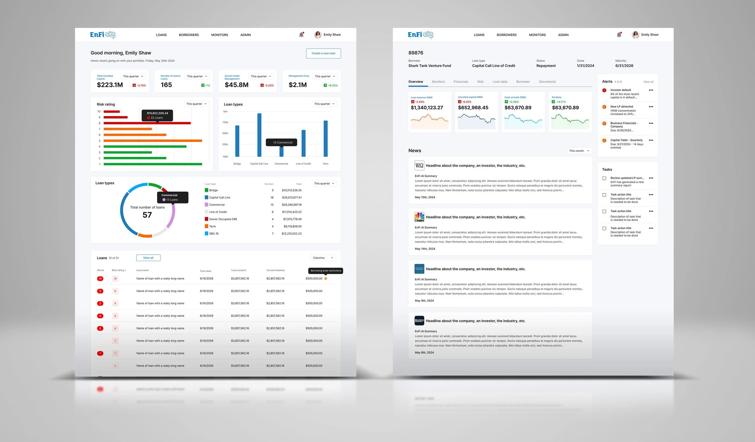 EnFi portfolio dashboard and loan detail page
