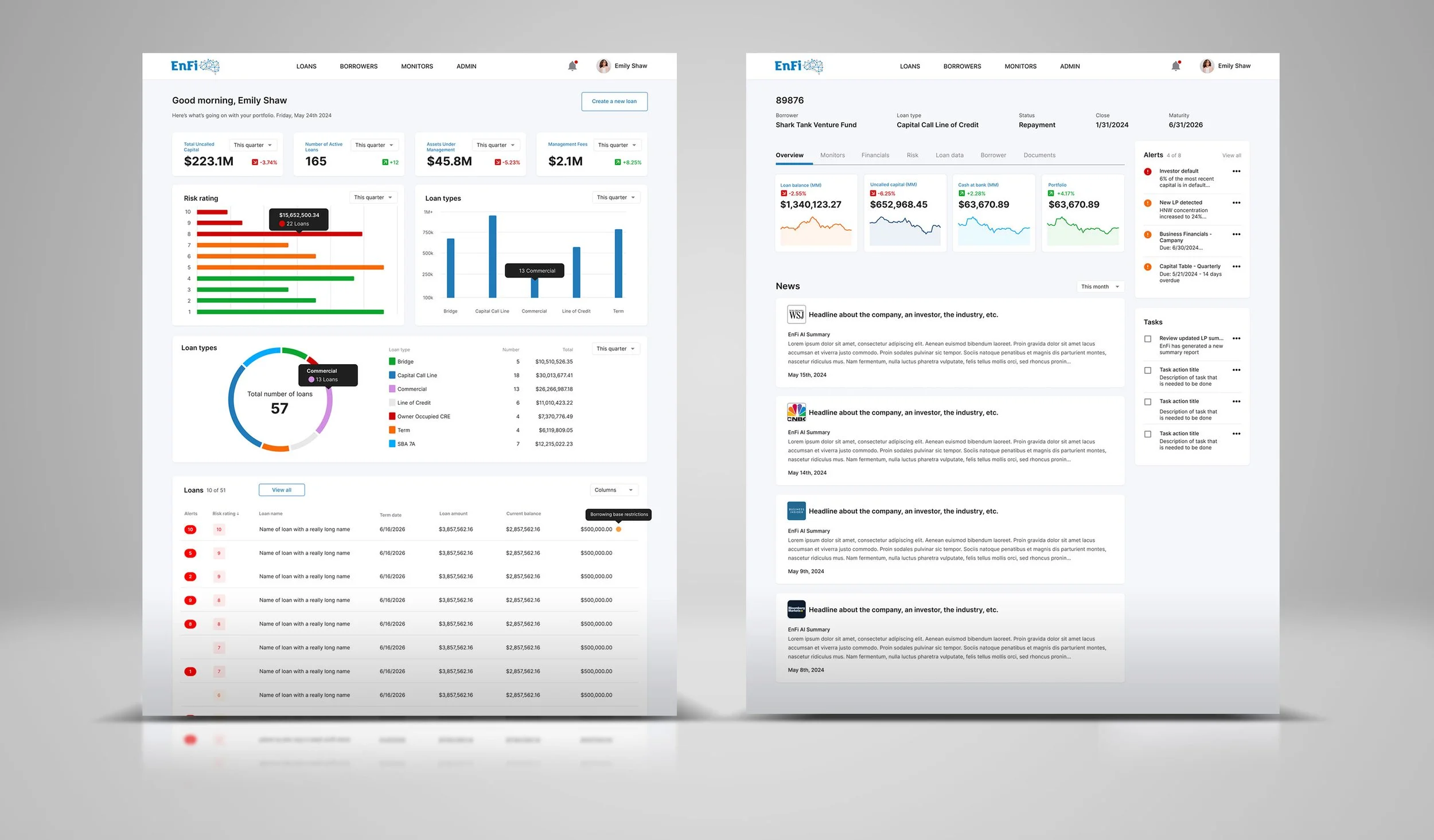 EnFi portfolio dashboard and loan detail page