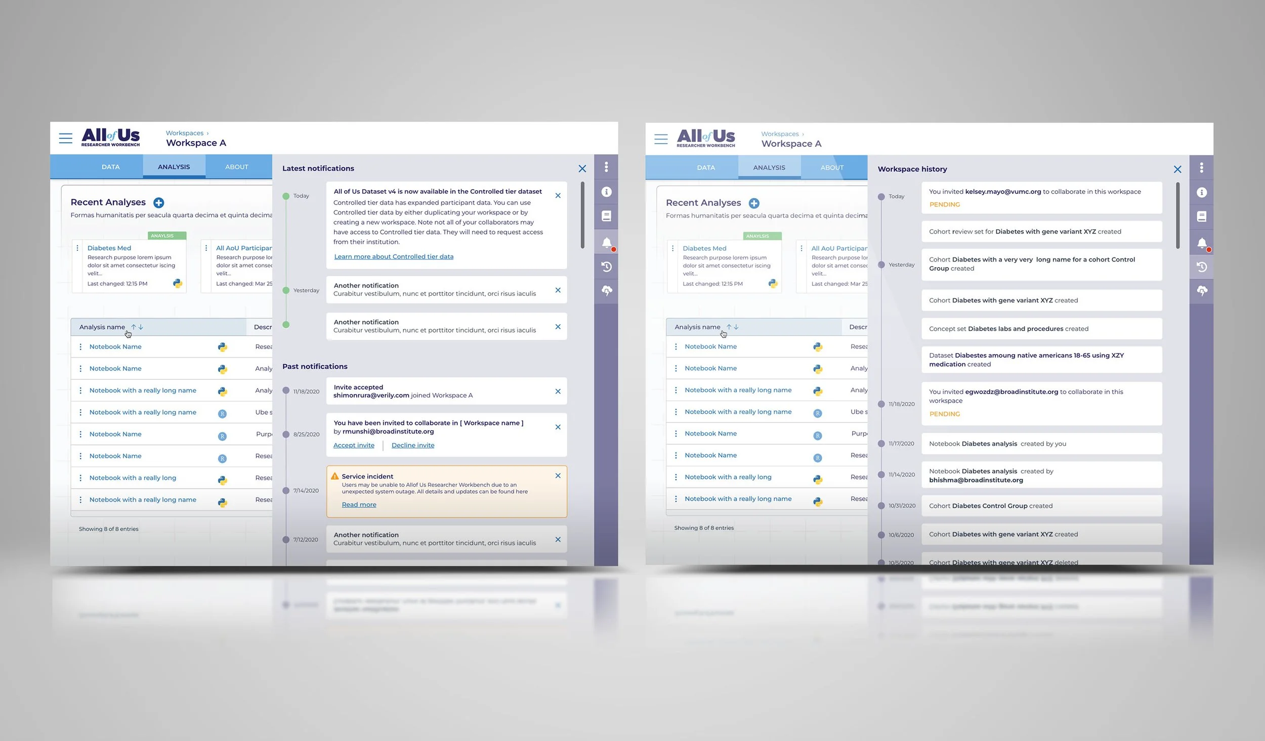 Workspace notifications and history panels