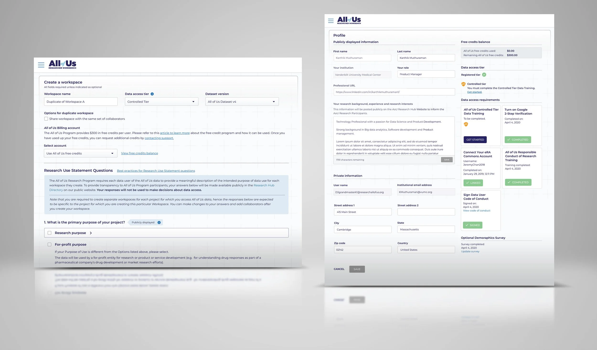 Workspace creation and profile page