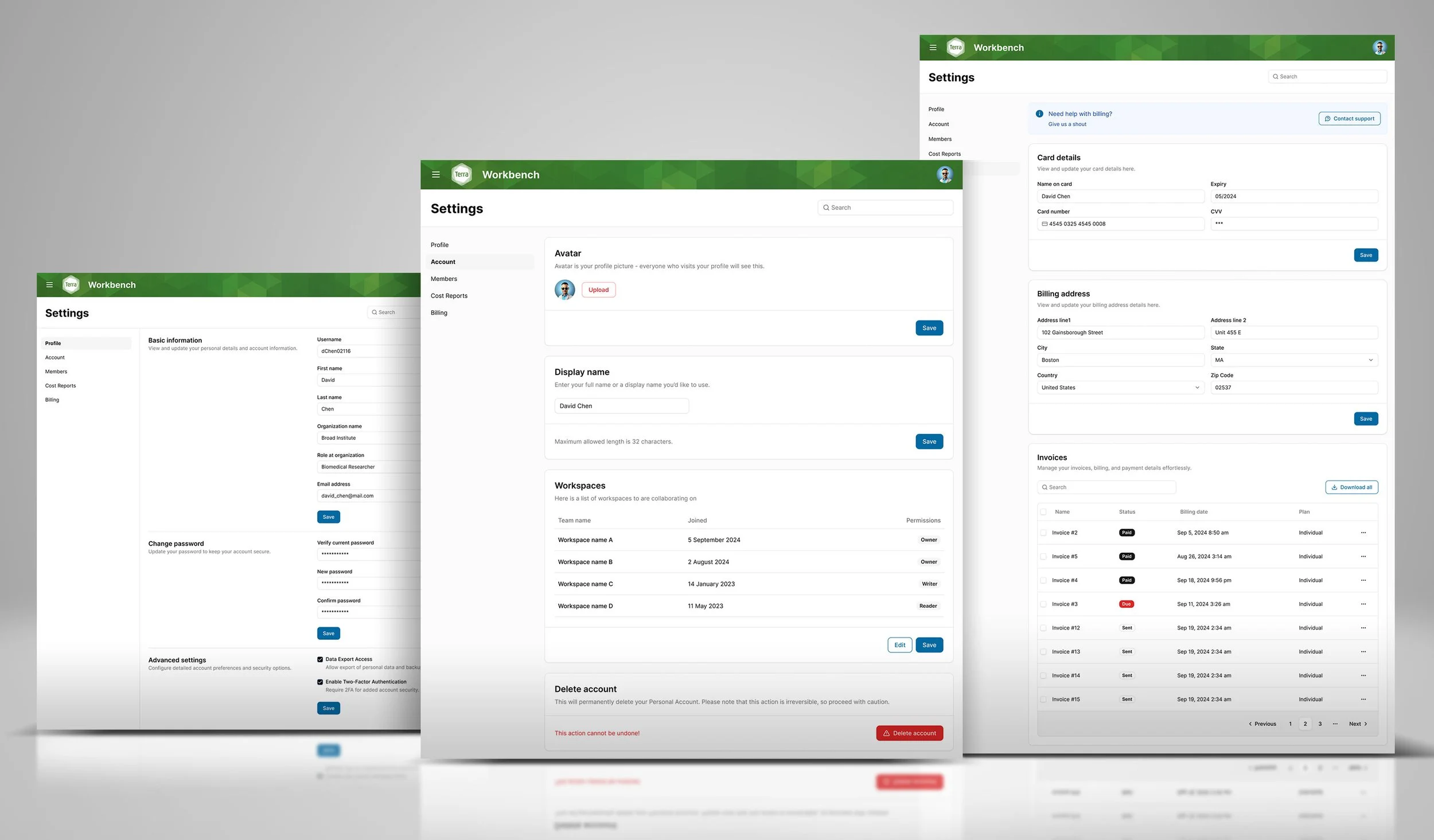 Terra Settings, Profile, Account, and Billing