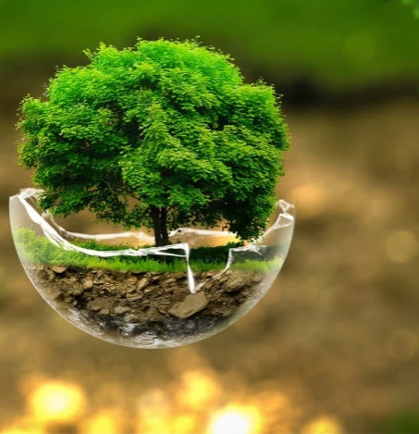 Een boom groeit binnen een scheur in een doorzichtige glazen bol, met een groene achtergrond.