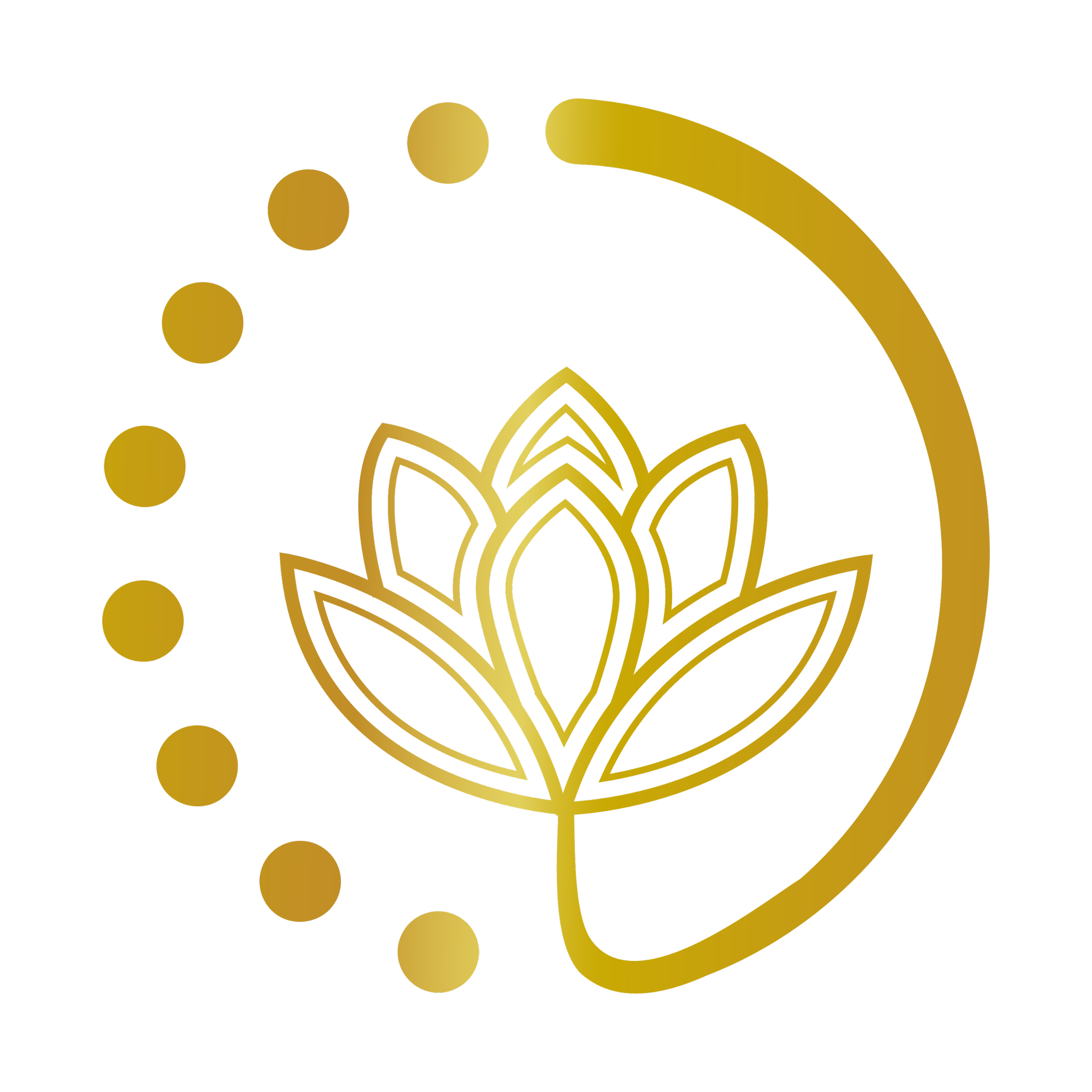 Goudkleurig lijntekening van een lotusbloem met omliggende cirkel van stippen op een zwarte achtergrond.