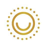 Goudkleurig logo met een cirkel van stippen en een smiley in het midden.