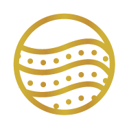 Een gouden cirkel met golvende lijnen en stippen binnenin.