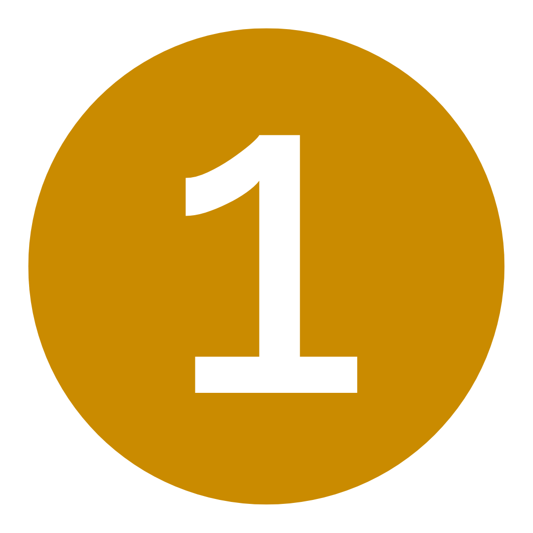 Gouden cirkel met witte nummer 1 in het midden.