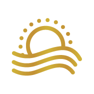 Een gestileerde afbeelding van een zon die ondergaat boven golven.