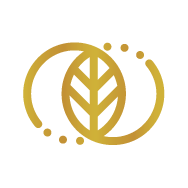 Gouden logo met een gestileerde bladvorm en omliggende cirkel met stippen.