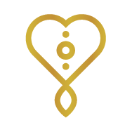 Goudkleurig hart met een spiraal eronder en driekleurige stippen in het midden.