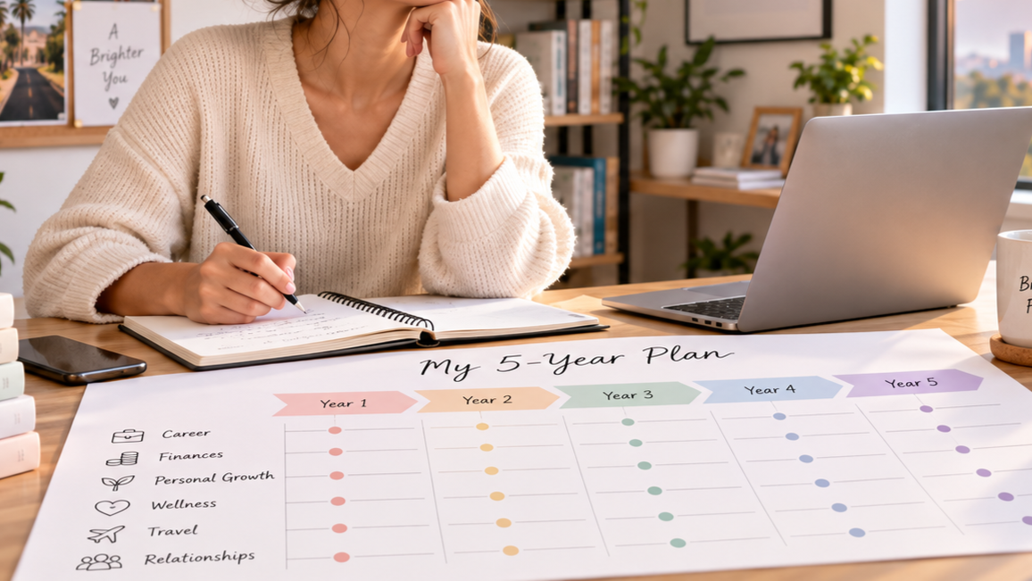 Young woman creating a five-year life plan at a bright home office desk with goals for career, finances, personal growth, wellness, travel, and relationships.