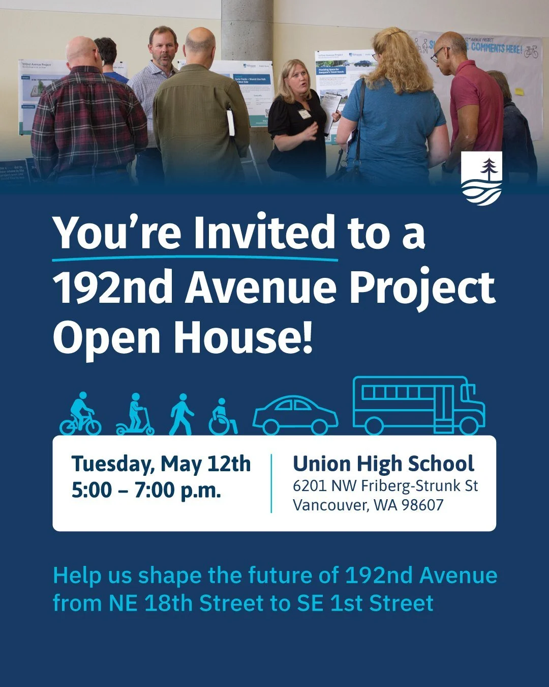 Join us for the second 192nd Avenue Project Open House!

We&rsquo;re sharing early design concepts to improve 192nd Avenue from NE 18th Street to SE 1st Street and we want your feedback.

The proposed design includes roundabouts at four key intersect