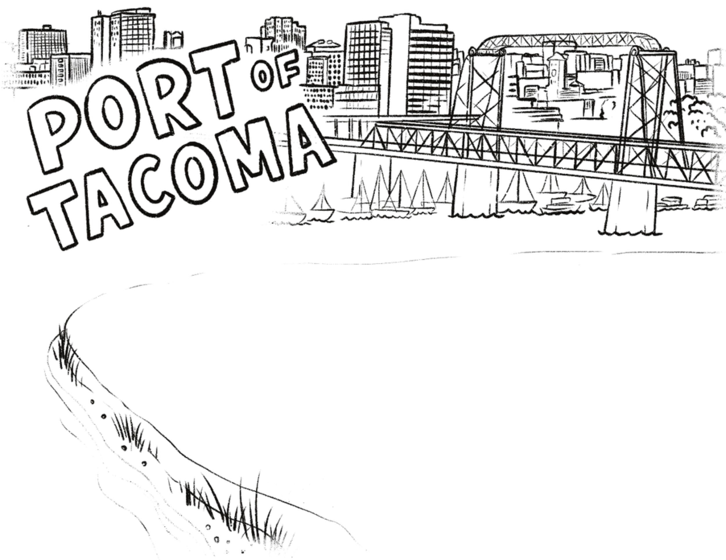 Coloring sheet drawing of port of tacoma with the city in the background