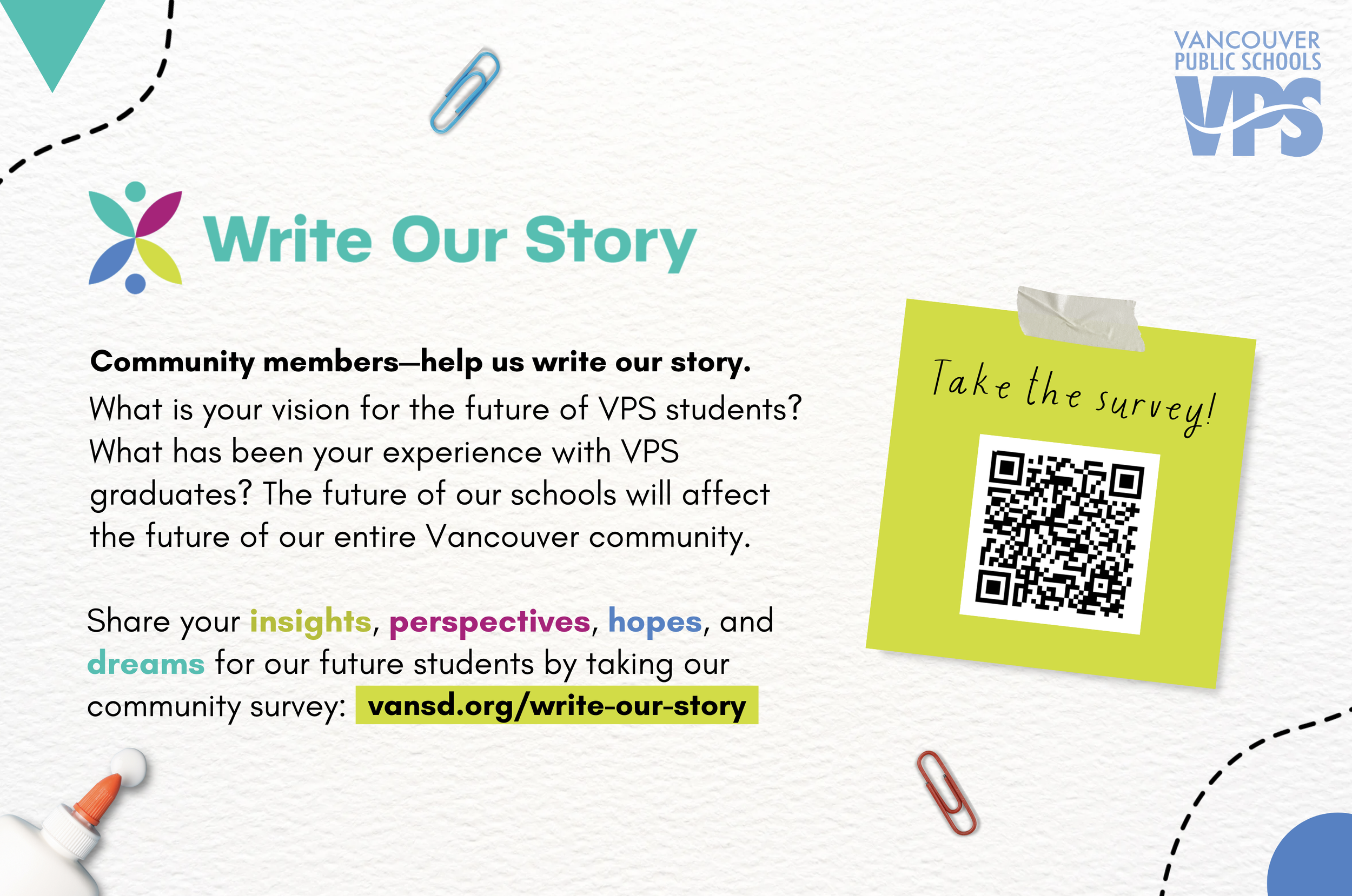 A graphic asking community members to take the survey via their experiences, insights, perspectives, hopes, and dreams.