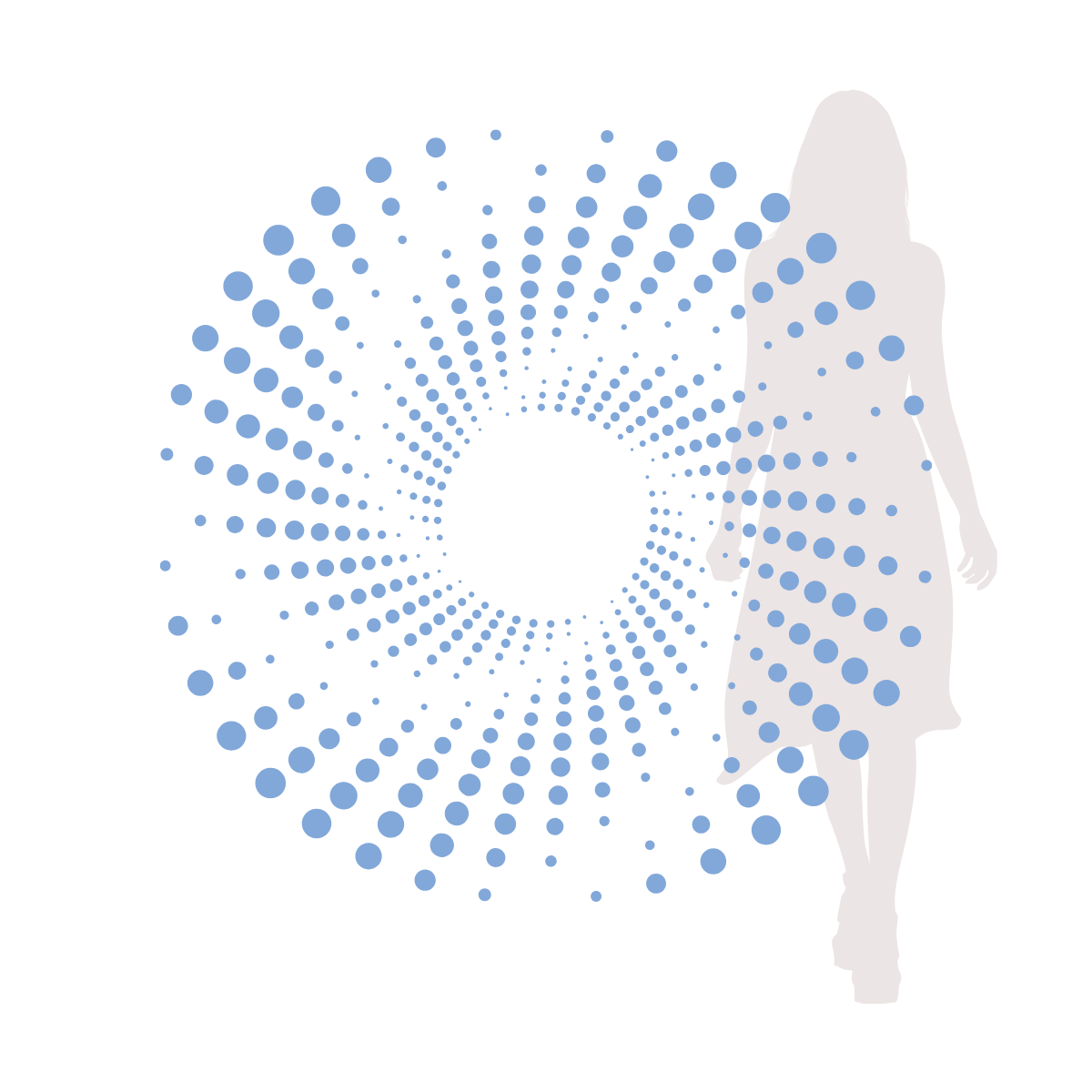 A silhouette of a woman in a dress next to a circular pattern of blue dots.