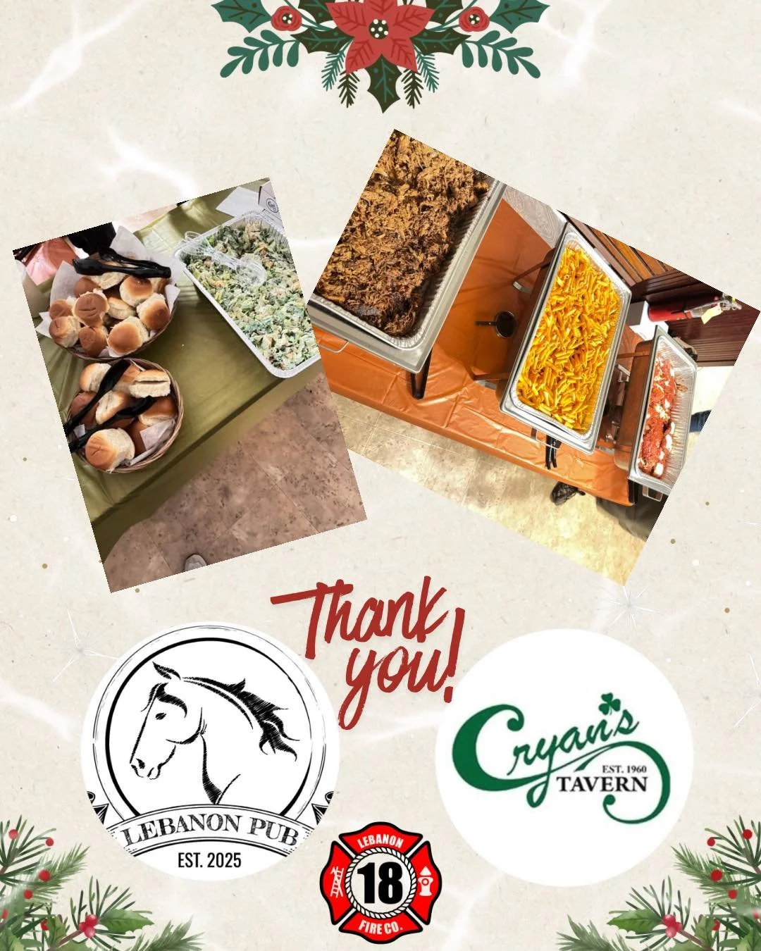 A big THANK YOU to The Lebanon Pub and Cryan&rsquo;s for feeding our crew at our end-of-year meeting Saturday night! Amazing food and even better community support &mdash; we appreciate you both so much! ❤️🍴