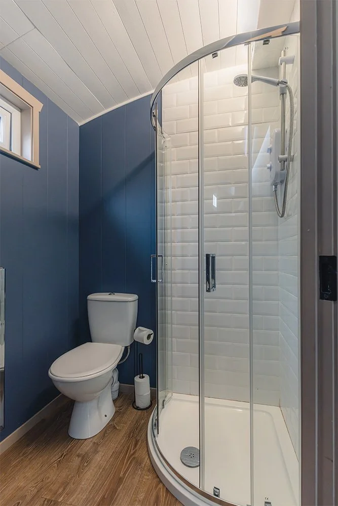 Small bathroom with blue walls, a white toilet, a toilet paper roll, and a corner shower with sliding glass doors and white subway tile walls.