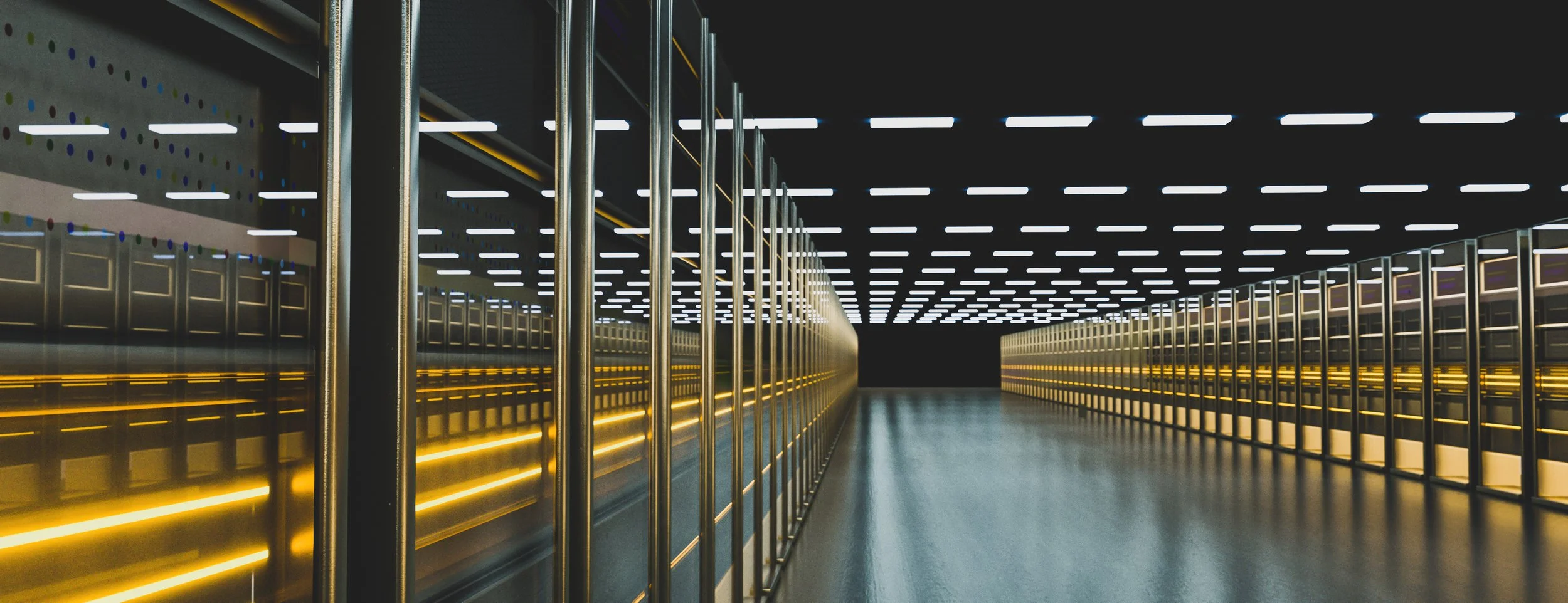 Rows of servers inside a large data center, illustrating the scale of the proposed Stratos data center in Box Elder County, Utah.