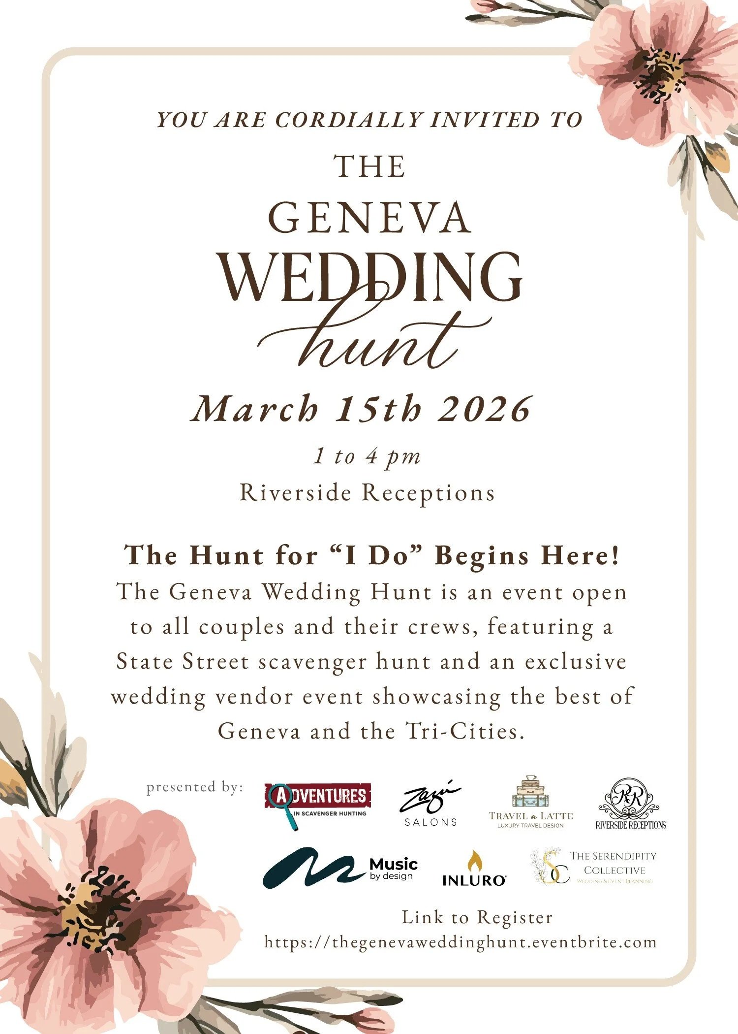 Tradeshow Expo Booth with a round table fully set with flatware and glassware, crystal chivari chairs, chargers, a candelabra centerpice and a vinyl covered dance floor with the logo for The Serendipity Collective