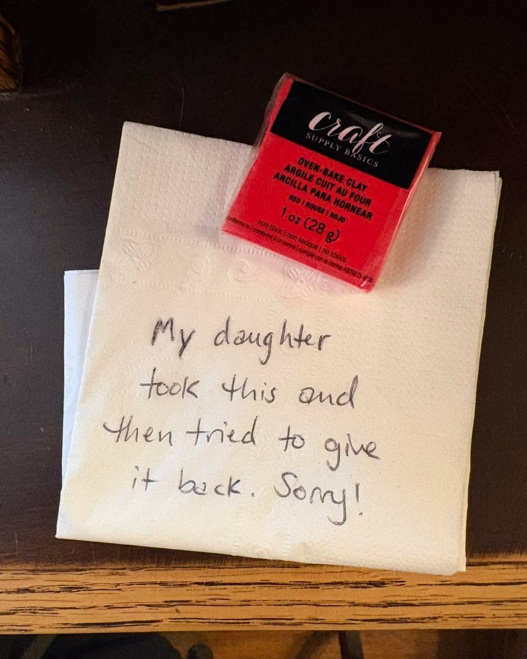 Whoever left us this love note on the porch, we love you back! ❤️ Mistakes happen, and we are so grateful when people make it right through honesty&mdash;even when it involves just a cheap bit of clay. You are teaching your daughter well, whoever you