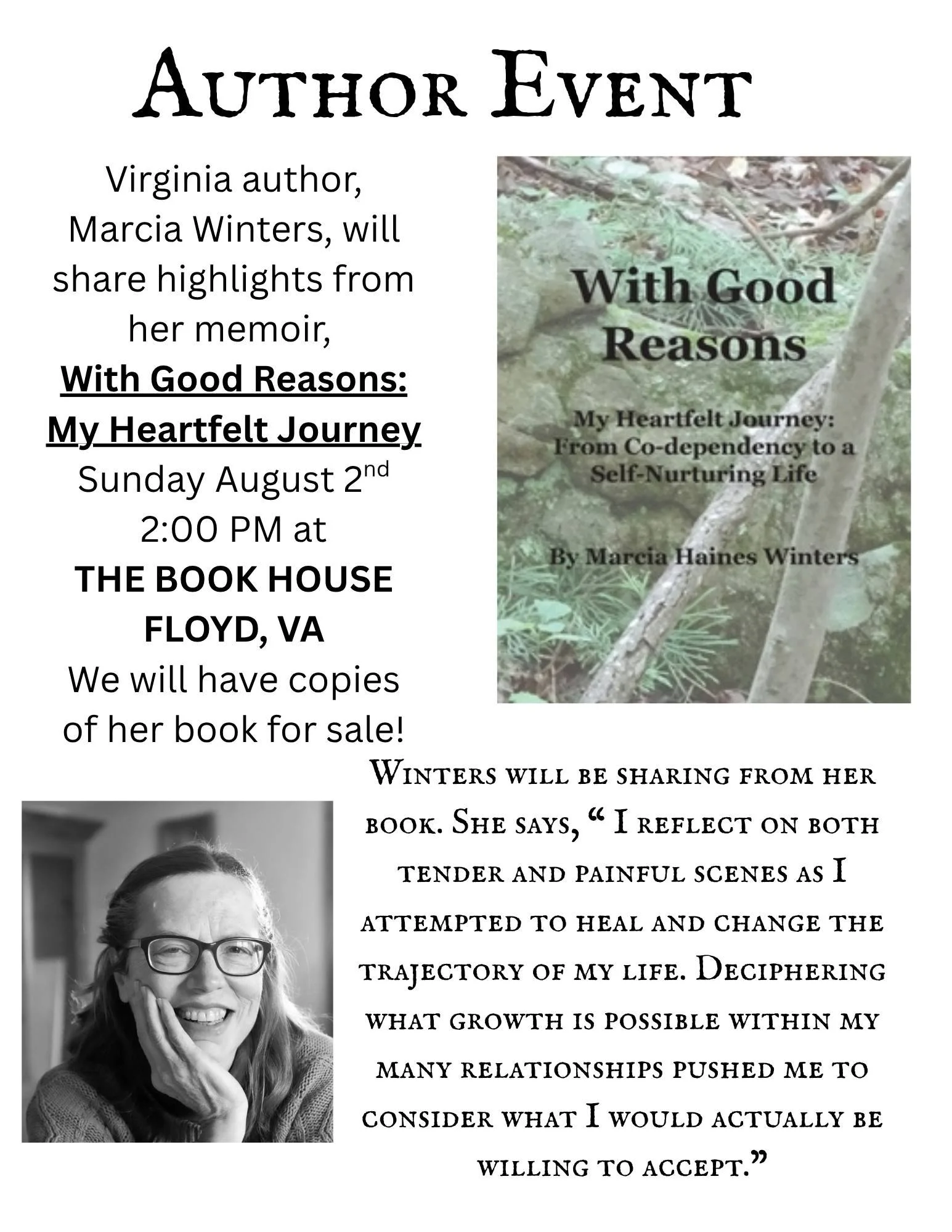 THIS SUNDAY! Come join us for our Author Event with Marcia Winters, author of "With Good Reasons- My Heartfelt Journey: From Co-dependency to a Self-Nurturing Life. Marcia will be sharing highlights from her memoir. This event will take place wh