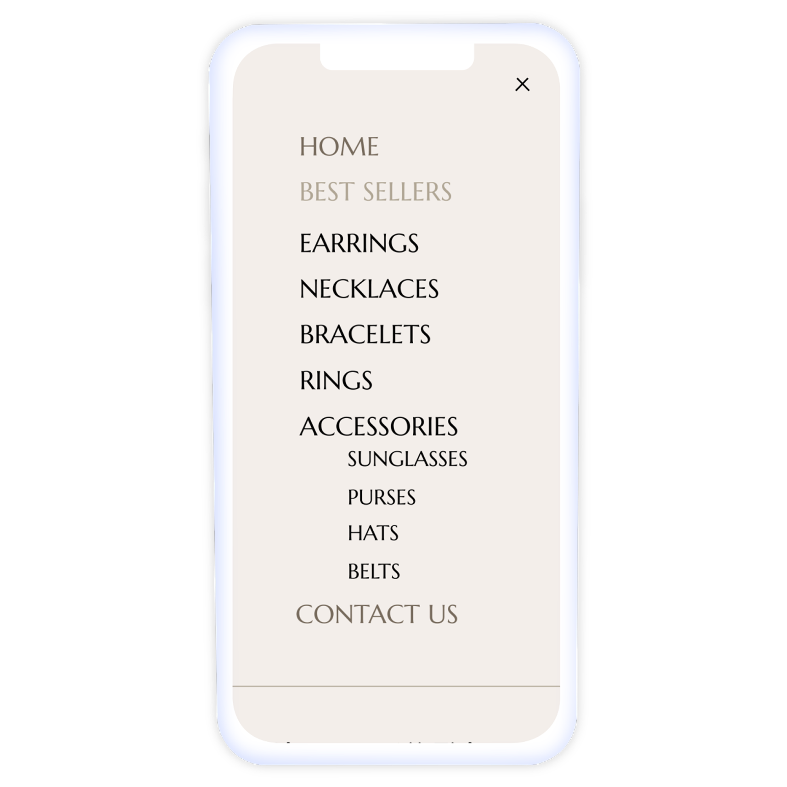 A mockup up of how Glamour & Gurlie's hamburger menu looks on a mobile device.