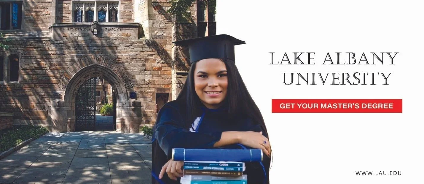 A mockup of a billboard that is advertising Lake Albany University. A graduate smiling and is placed center while the right side is the entry way to the school and to her right is the university's name, the degree to earn, and the website to go to.