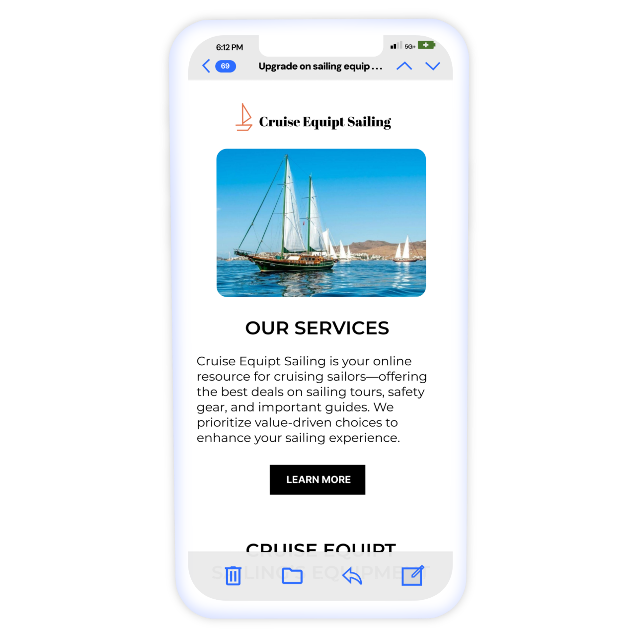 An email template laptop of a sailing equipment brand in a mobile in light mode