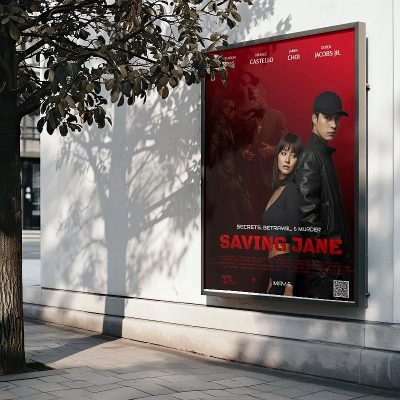 A mockup of a movie poster called 'Saving Jane,' on the side of a building wall.