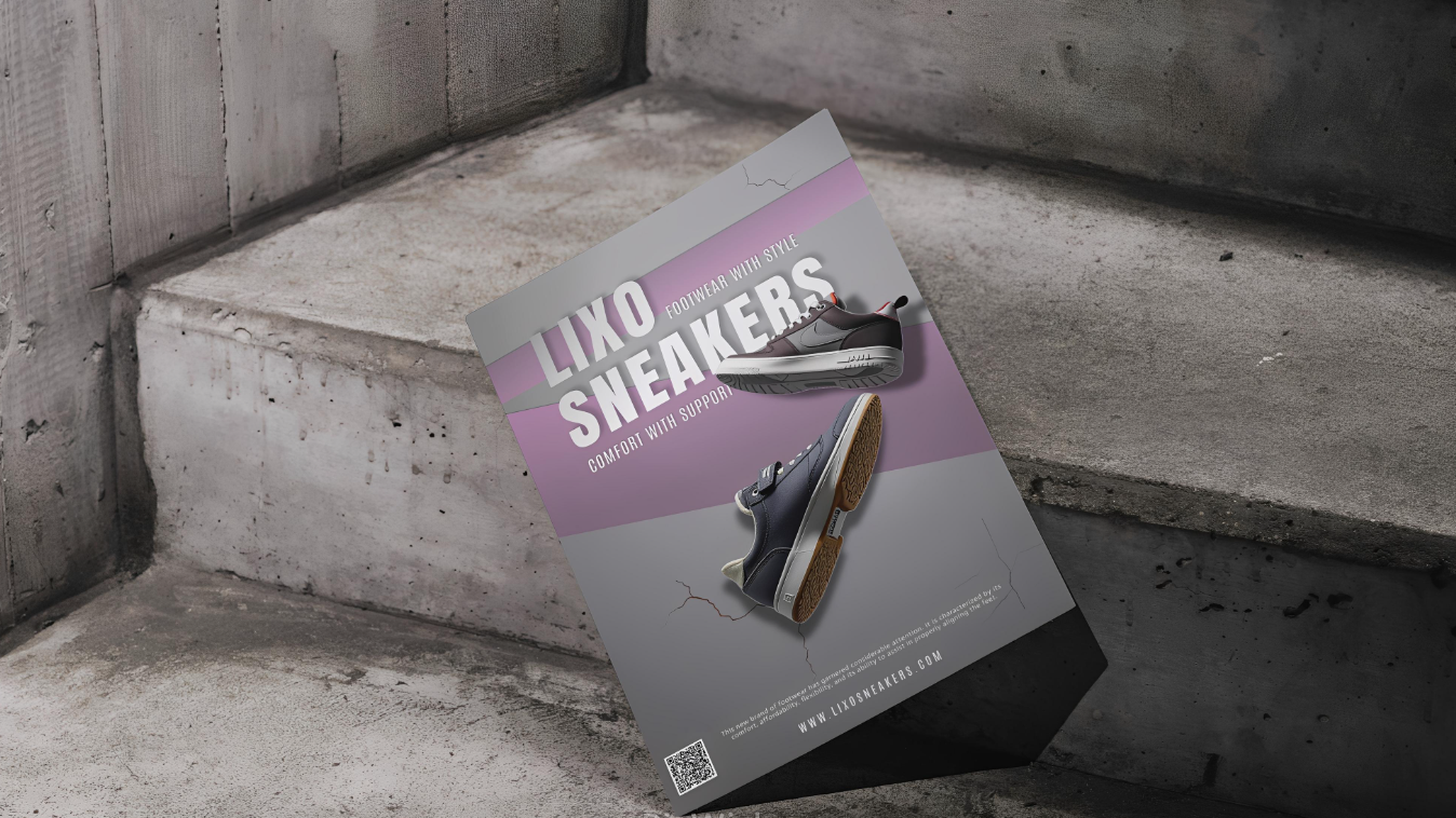 A mockup of a shoe poster of new sneaker brand called Lixo Sneakers.