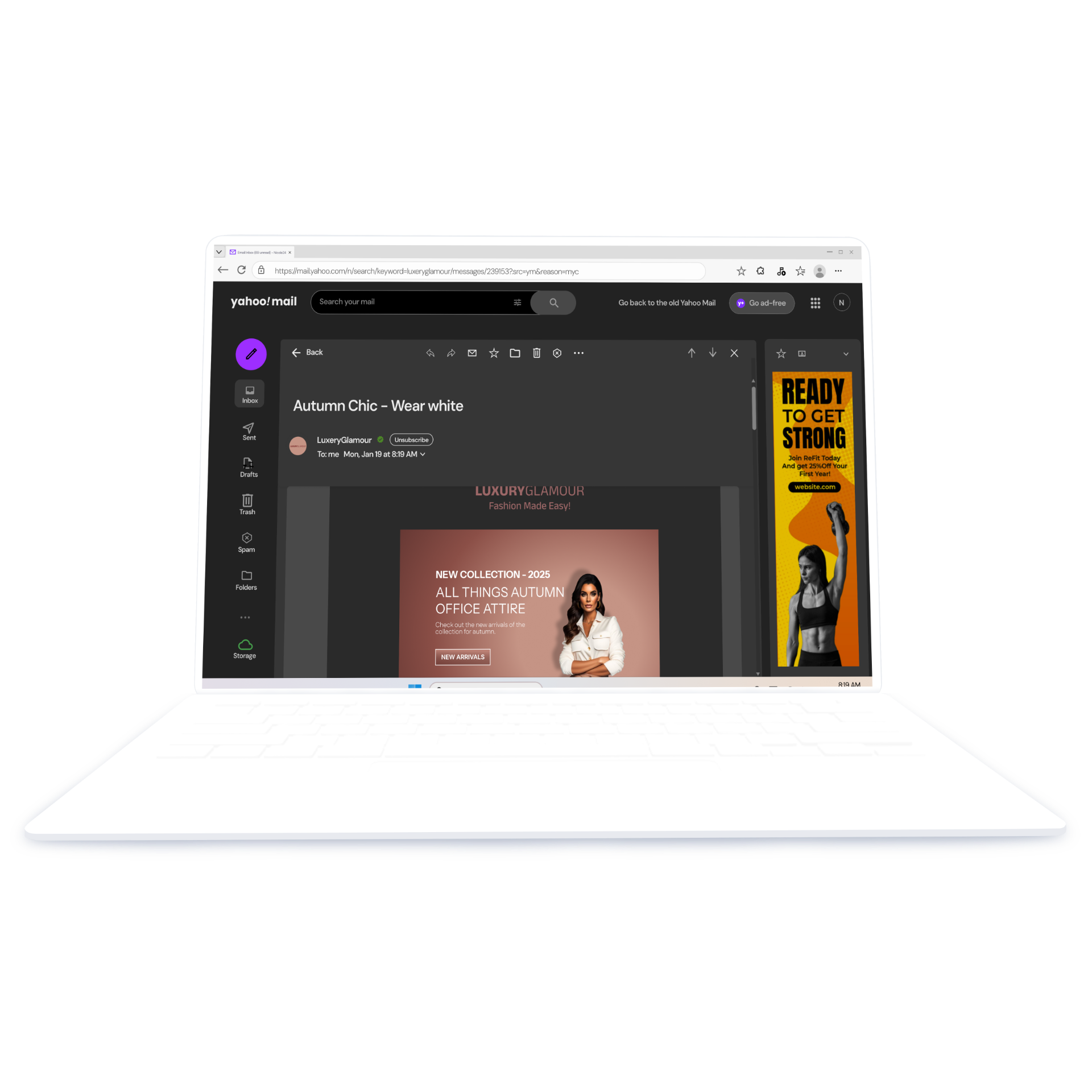 An email template mockup of a fashion brand in a laptop in dark mode.