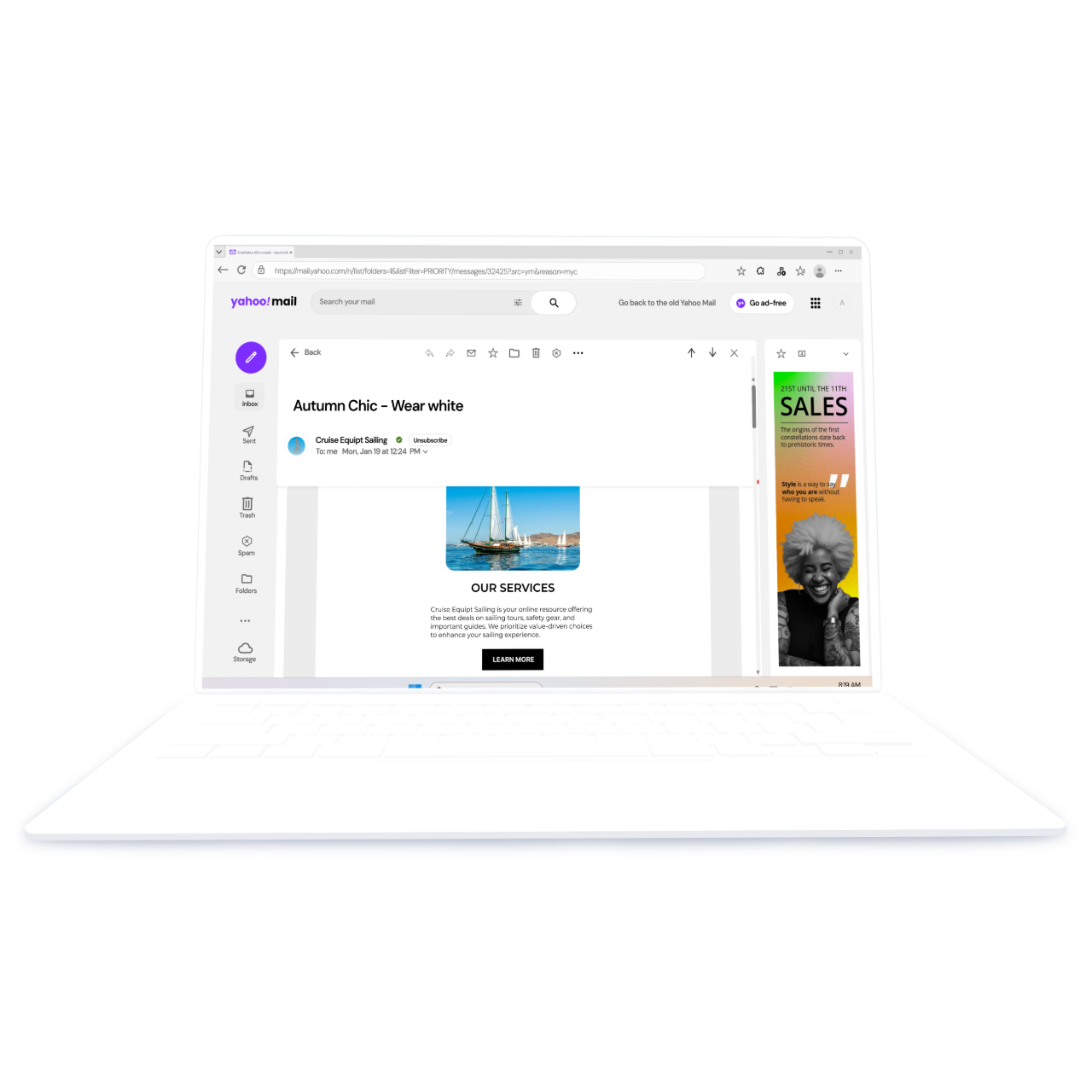 Desktop mockup showing a sailing equipment marketing email - light mode