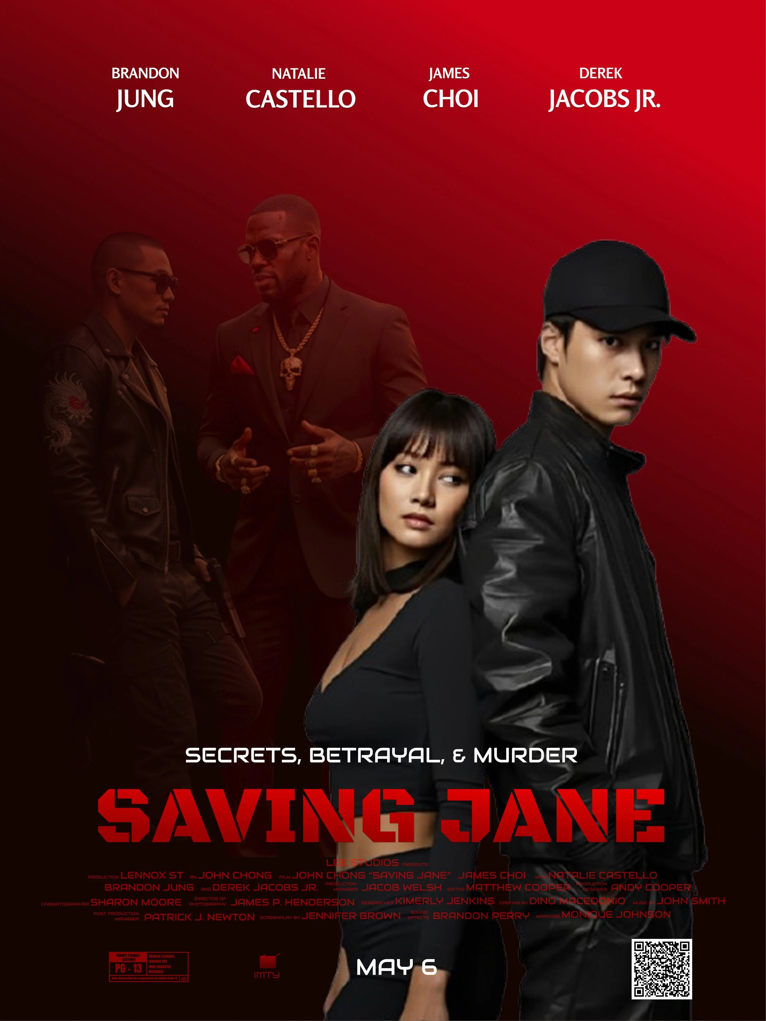 Poster showing two main characters in front as the focal point. Woman leaning her head on the other main character's back and two men are at a distance that seems to be evil.