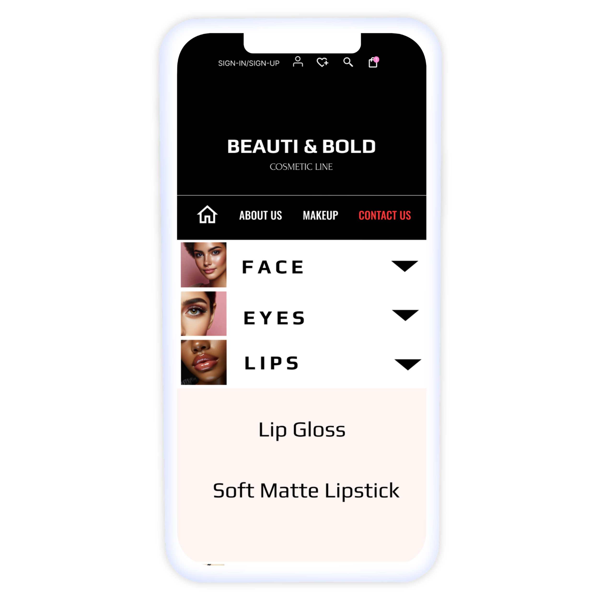A mockup up of how beauti and bold's hamburger menu looks on a mobile device.