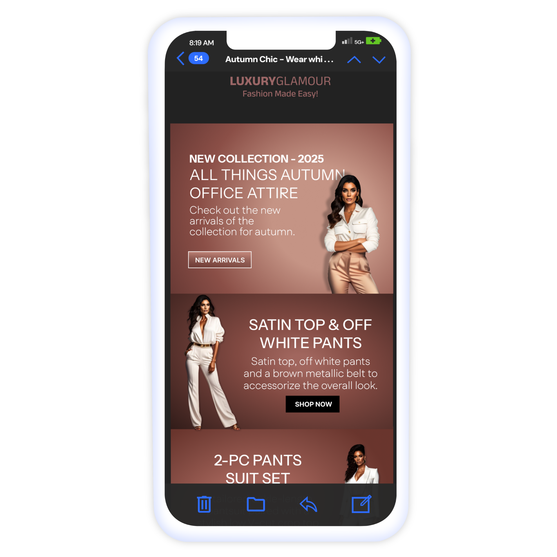 An email template mockup of a fashion brand in a mobile phone in dark mode.