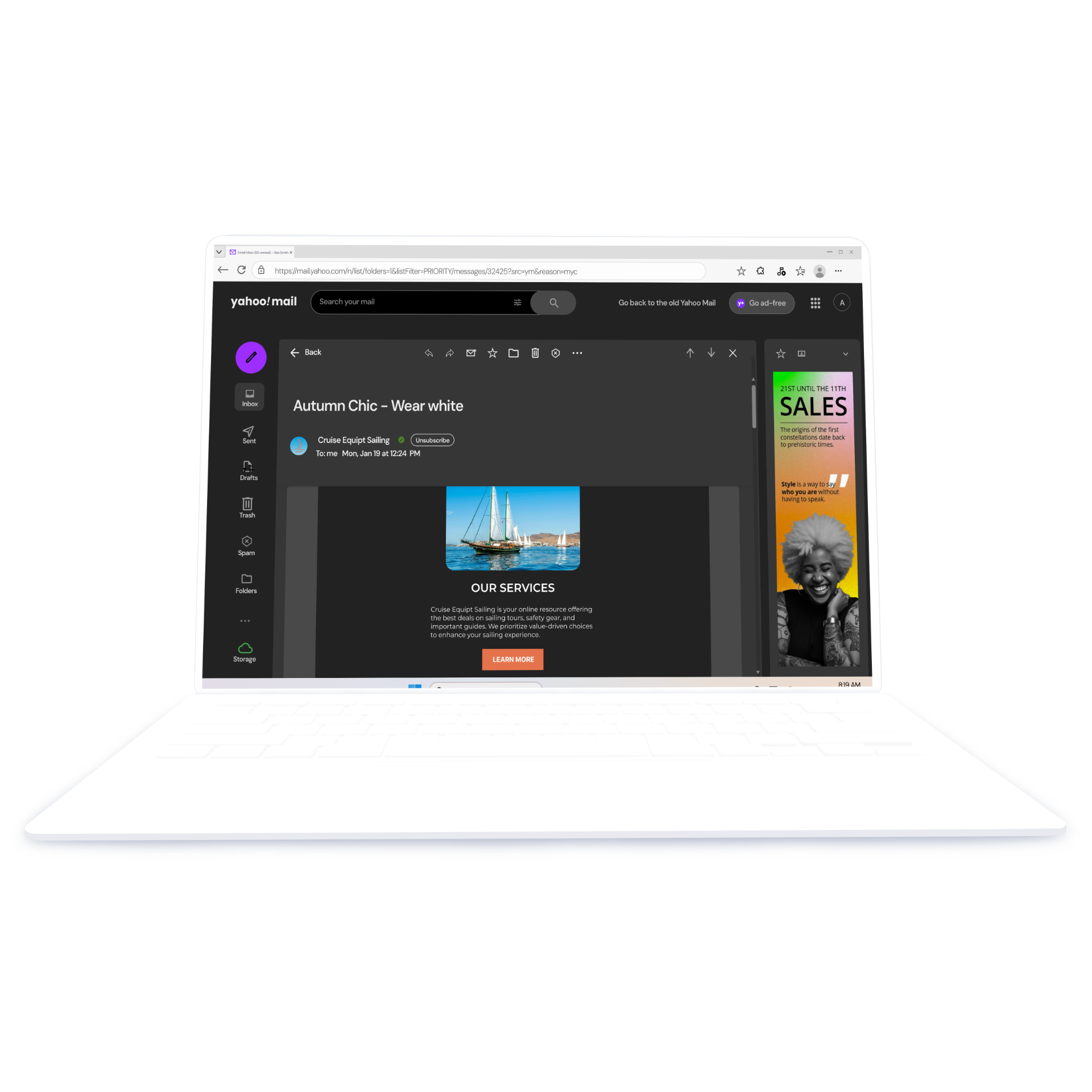 An email template laptop of a sailing equipment brand in a laptop in dark mode.