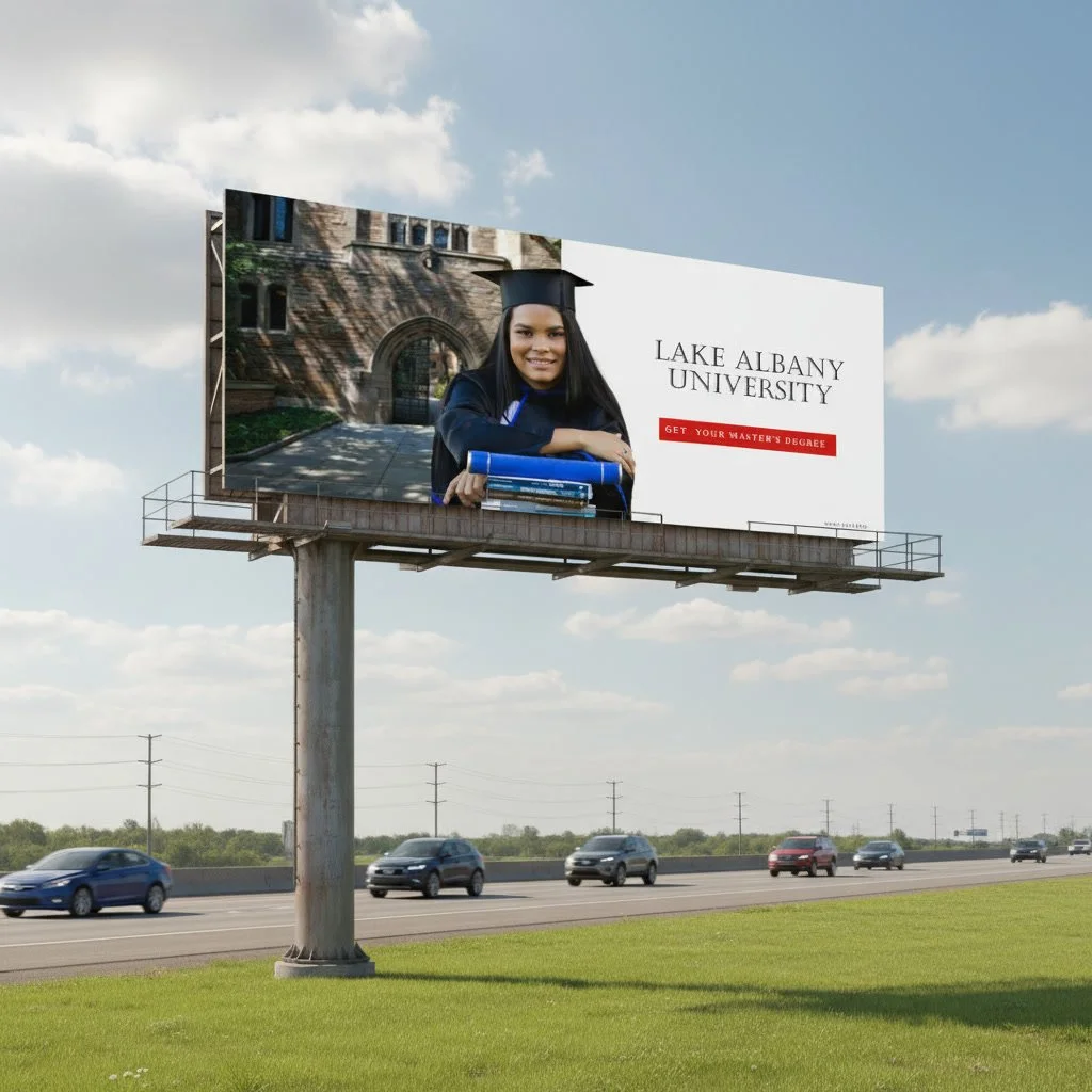 Lake Alabany University billboard mockup where cars are passing by in the background.