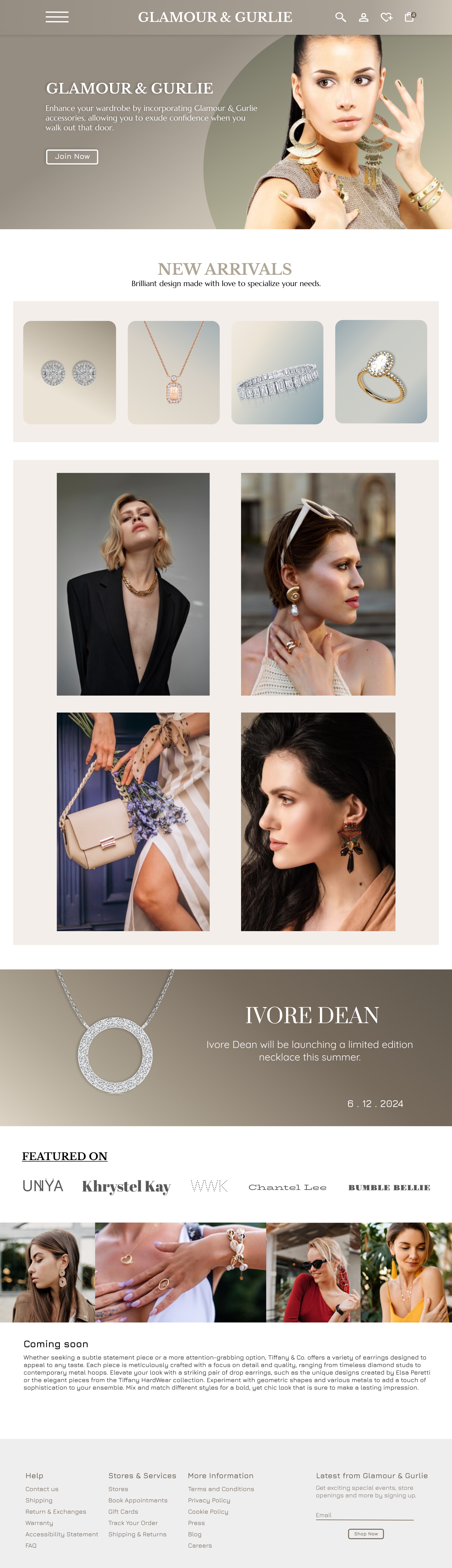 Glamour & Gurlie's home page which showcases beautiful previews of what the company has to offer in regard to jewelry and so much more.