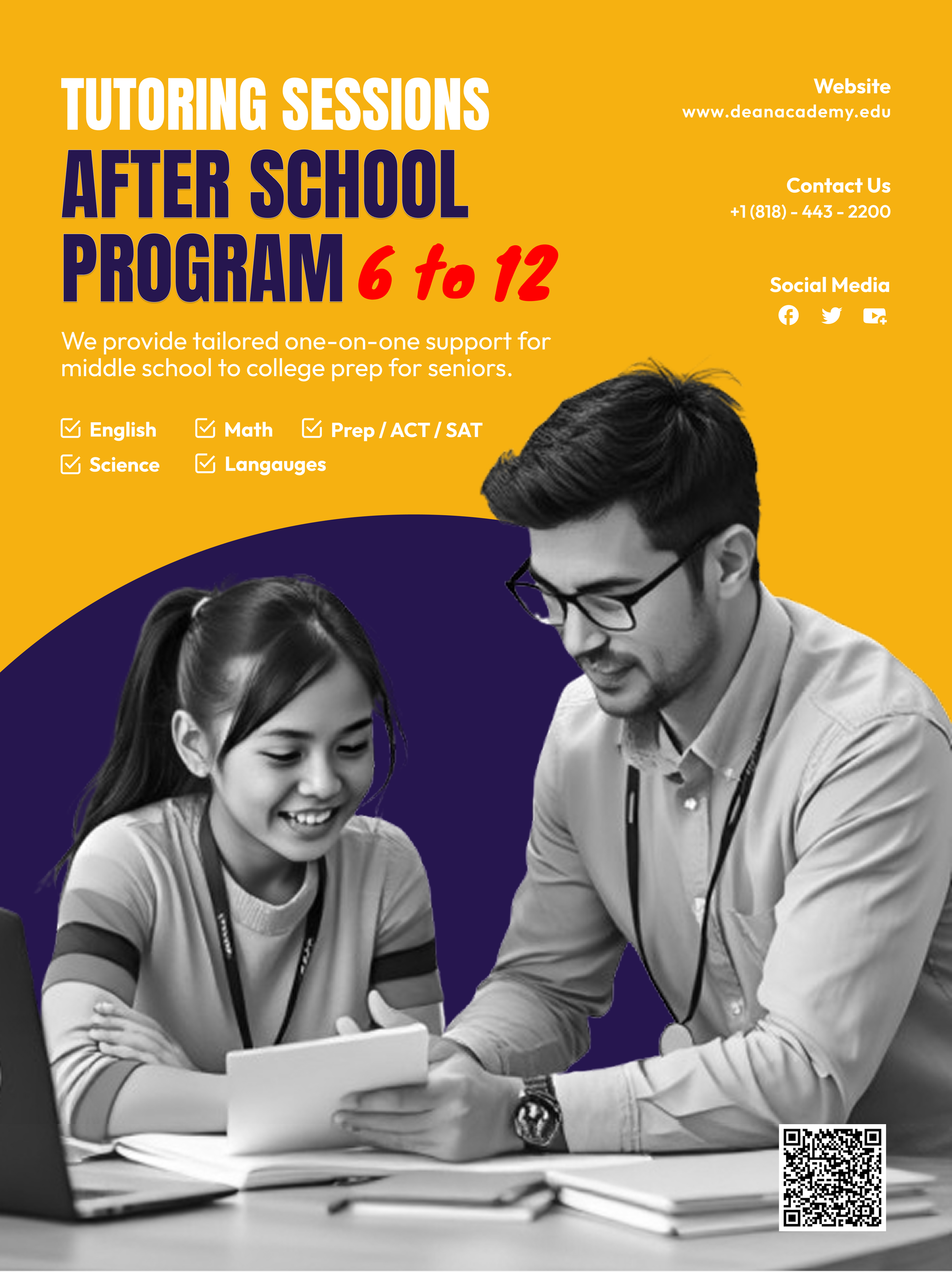 Male tutor assist teen girl (they are in black and white) over a gold and purple background.