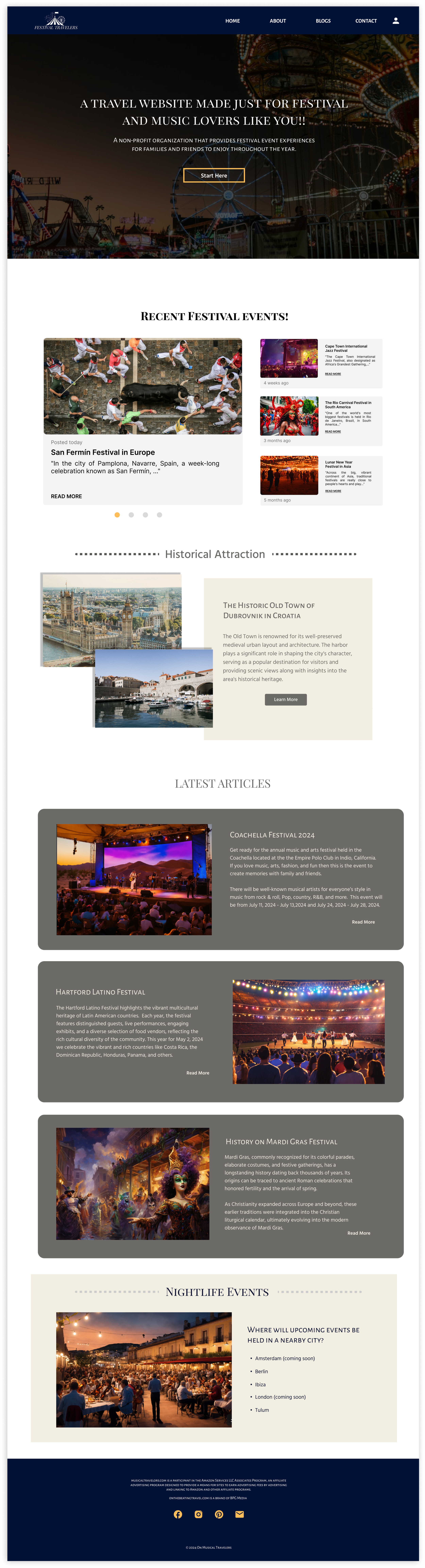 Festival travelers home page which show cases articles, stories, and festival dates for people to prepare for potential event.