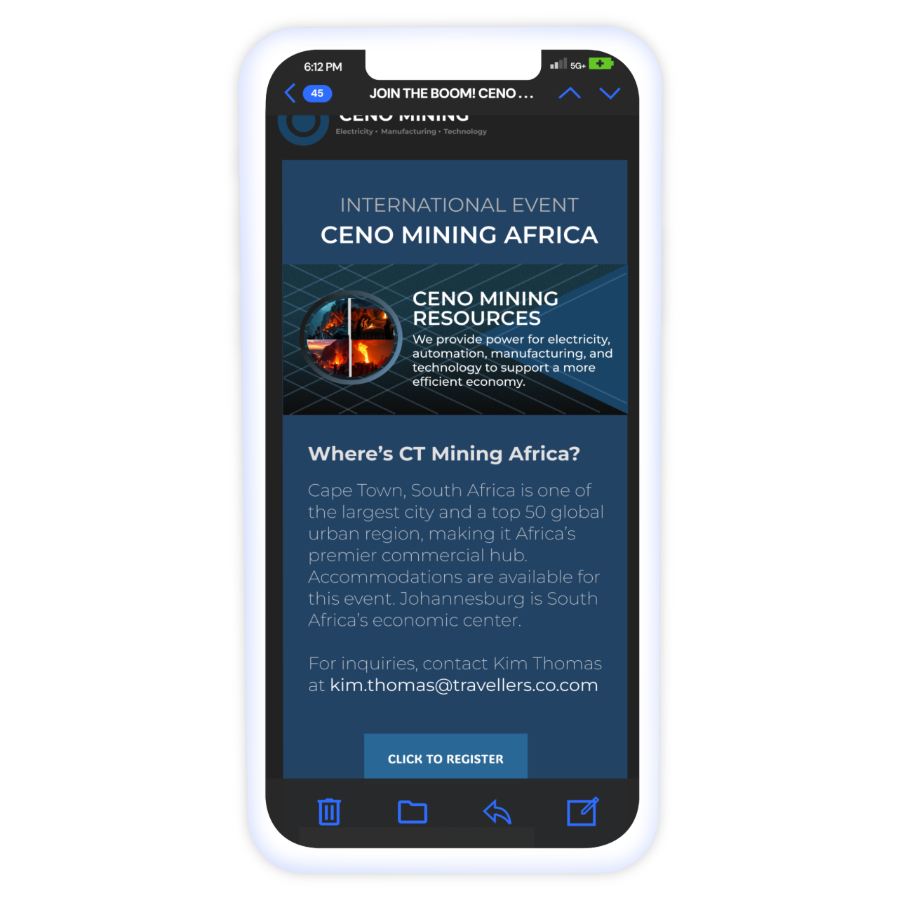 An email template mobile of a mining brand in a laptop in dark mode.