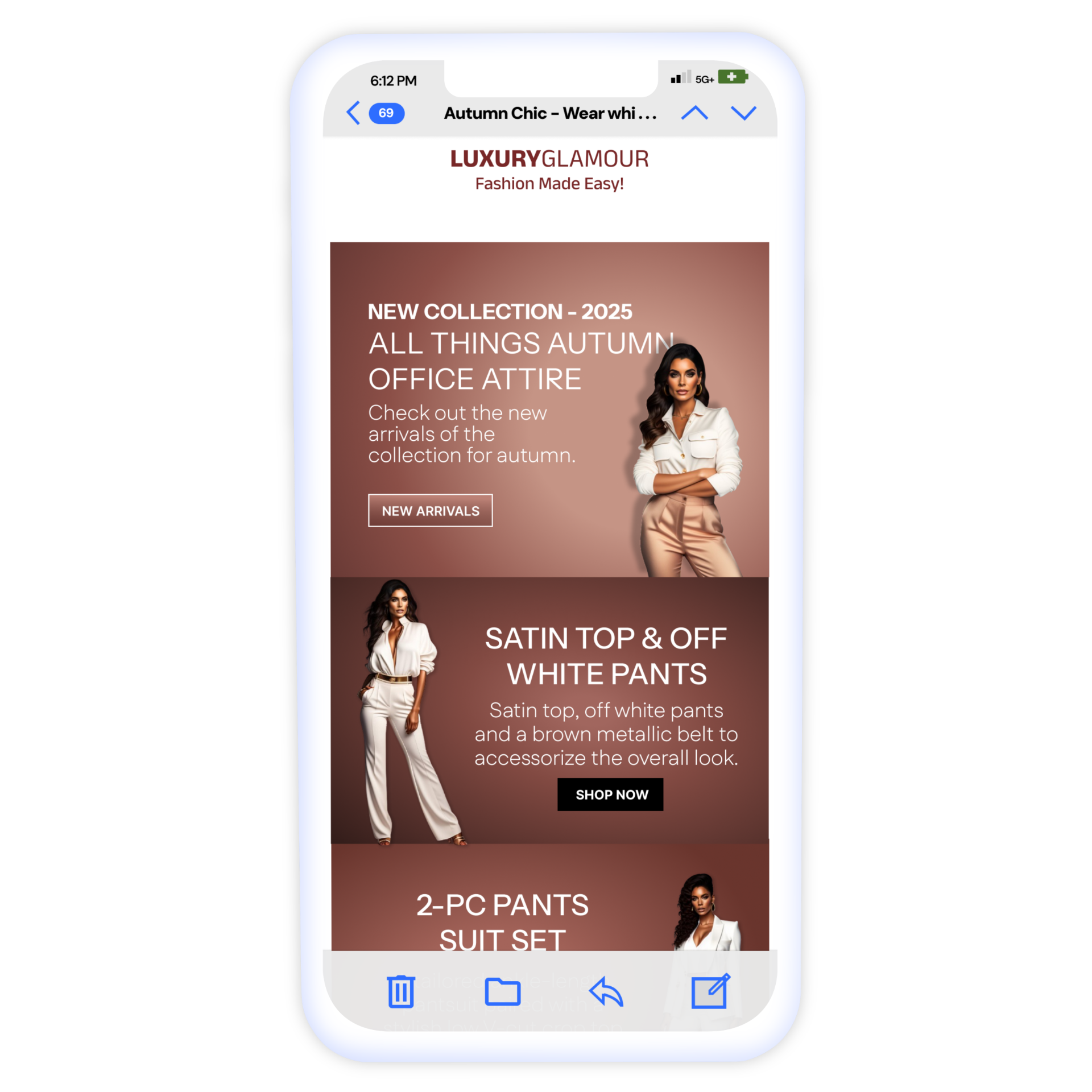 An email template mockup of a fashion brand in a mobile phone in light mode.