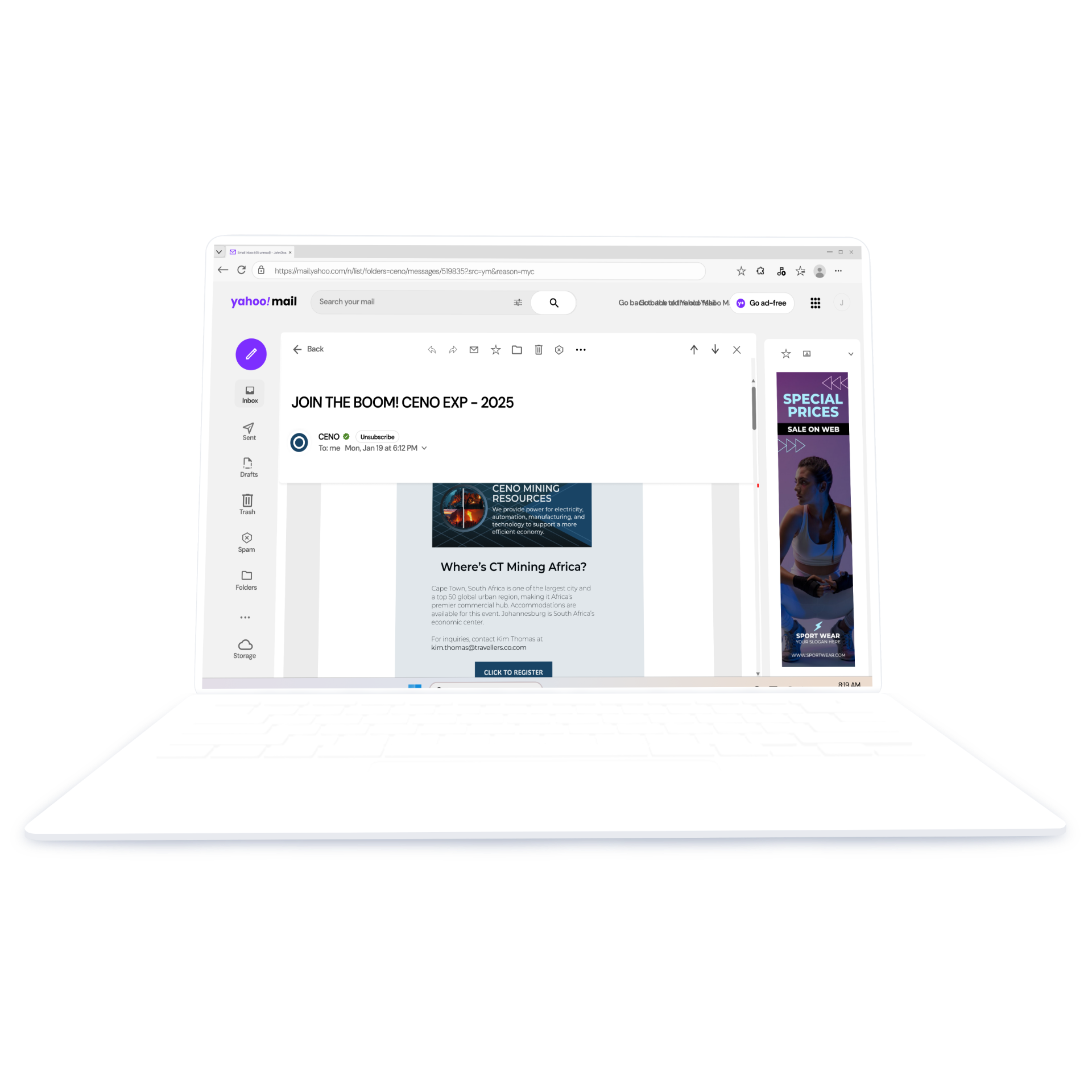 An email template desktop of a mining brand in a laptop in light mode.