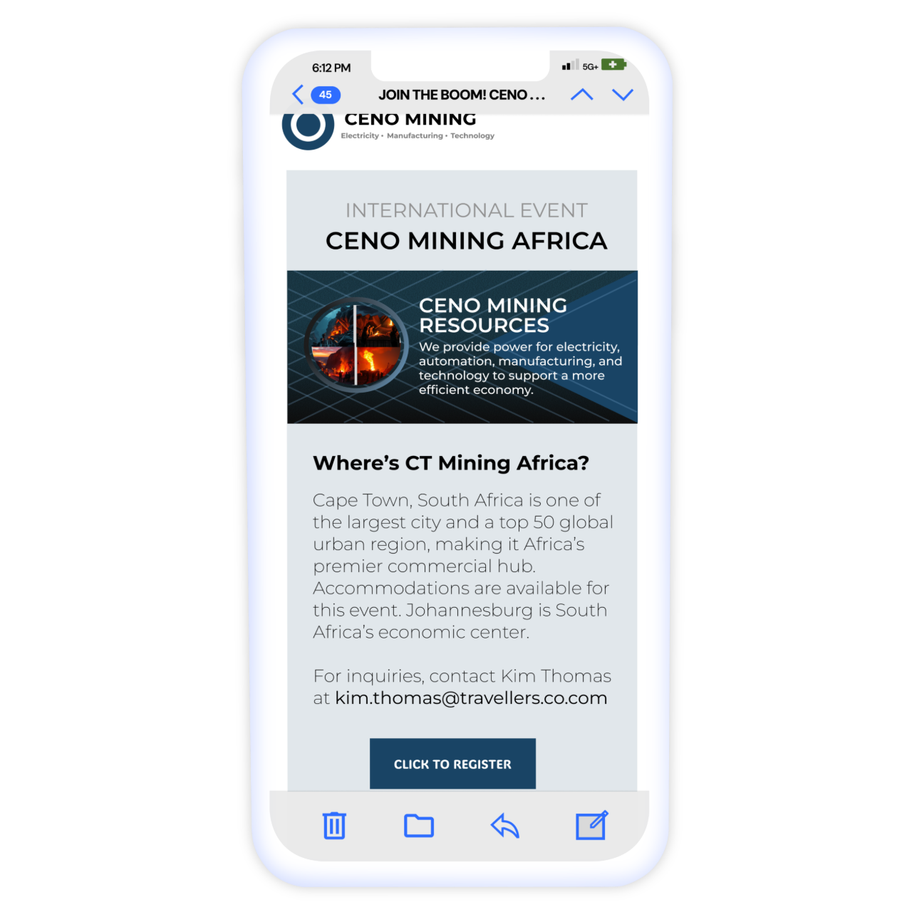 An email template mobile of a mining brand in a laptop in light mode.