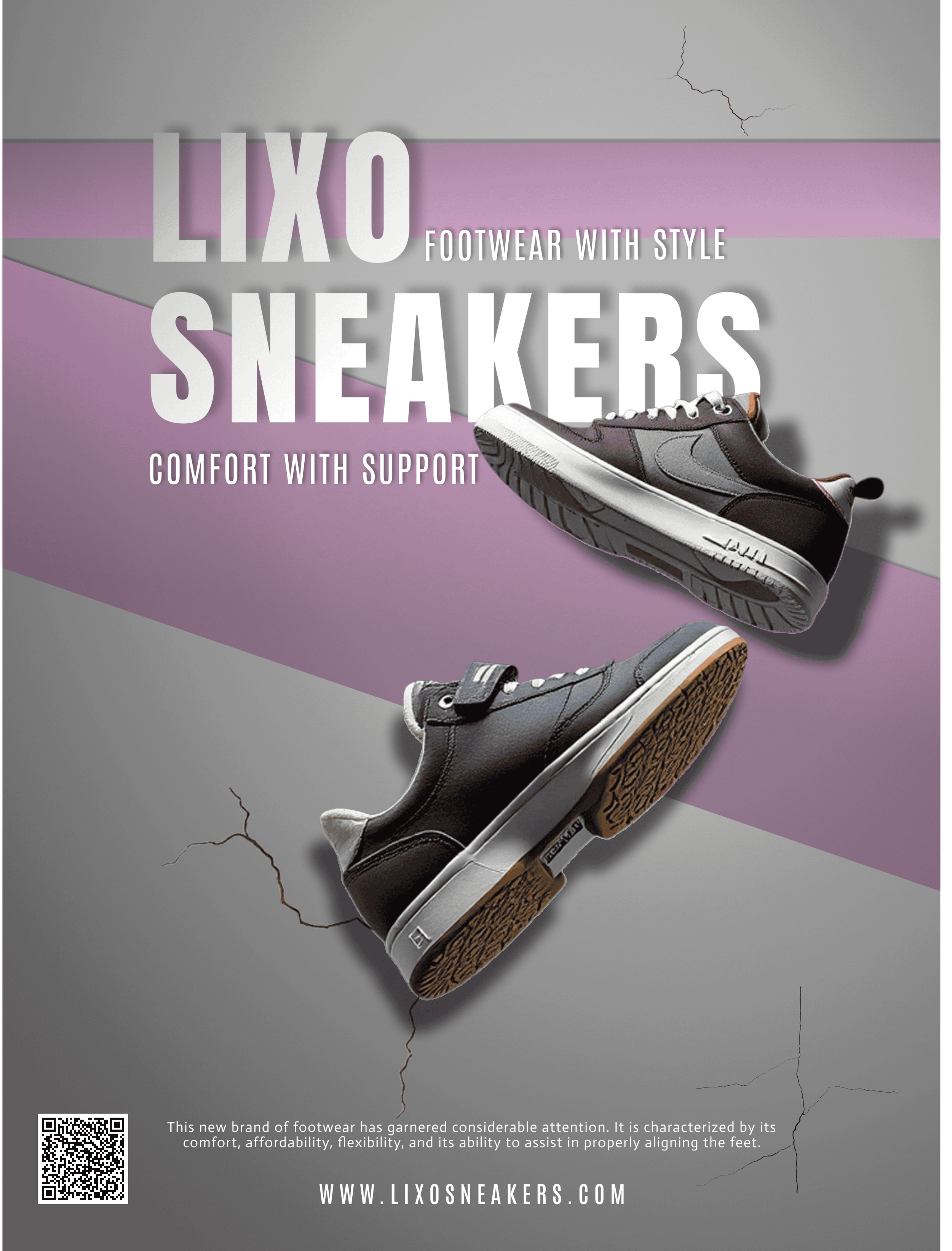 Lixo sneakers on cracked concrete. Gradient ribbons in the color purple to give the poster color. The website is placed at the bottom for people to look more into their shoes.