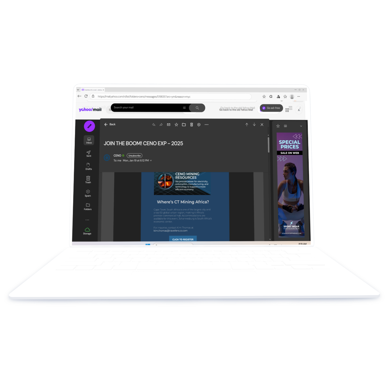 An email template laptop of a mining brand in a laptop in dark mode.